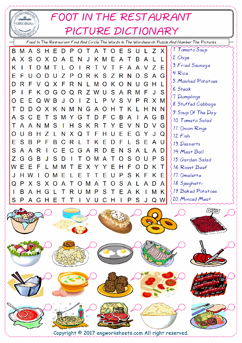  ESL wordsearch worksheets for kids, find Food In The Restaurant words in the word wordsearch write its number on its picture English worksheet. 